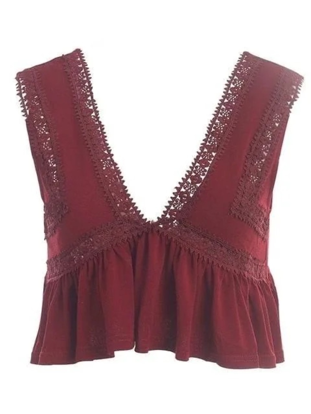 Urban Outfitters Kimchi Blue Deep V Crochet Lace-Trim Burgundy Babydoll Tank Top